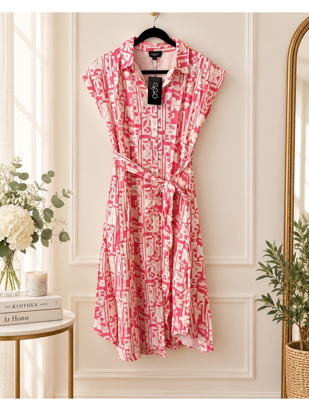 GIGO USA Pink & Cream Floral Geometric Midi Shirt Dress – Size M